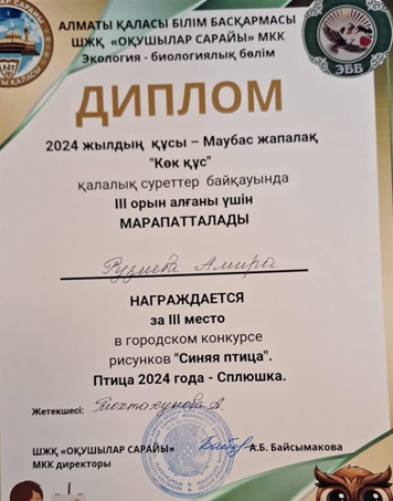 2024 жылдың құсы - Маубас жапалақ “Көк құс” қалалық суреттер байқауынан 3-орынмен Рузиева Амира марапатталды. Жетекшісі: Тохтахунова А.А.