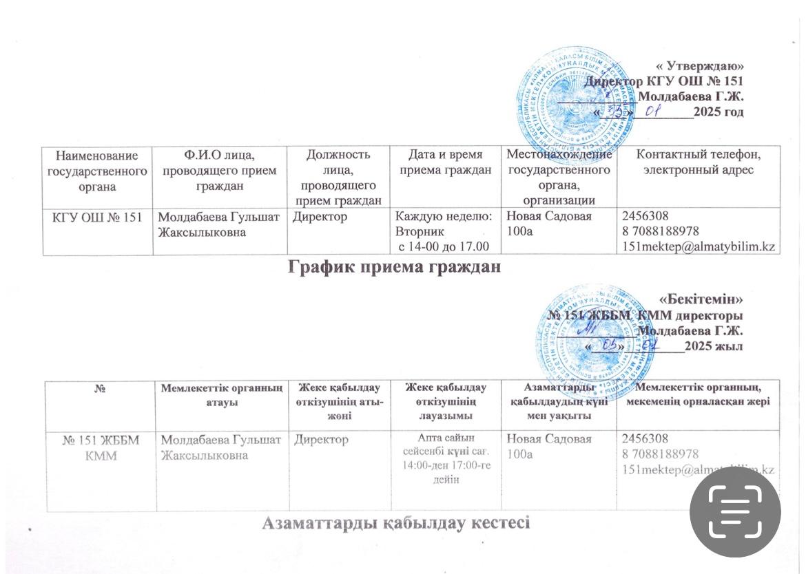 Азаматтарды қабылдау кестесі.