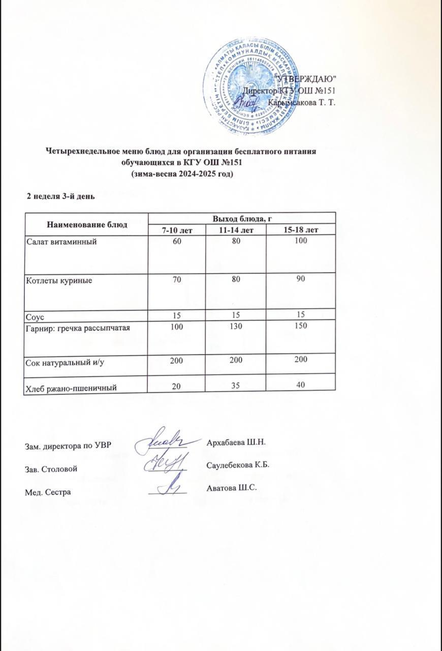 Төрт апталық ас мәзірінің 2-аптасының 3-күні (09.04.2025) ж.