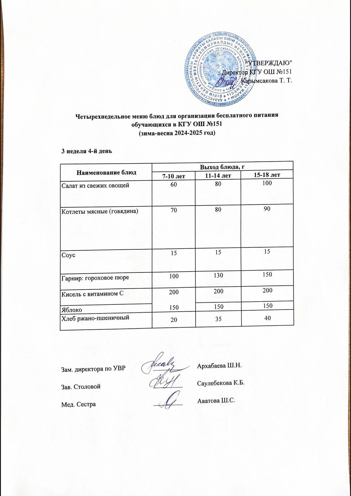Төрт апталық ас мәзірінің 3-аптасының 4-күні (17.04.2025) ж.
