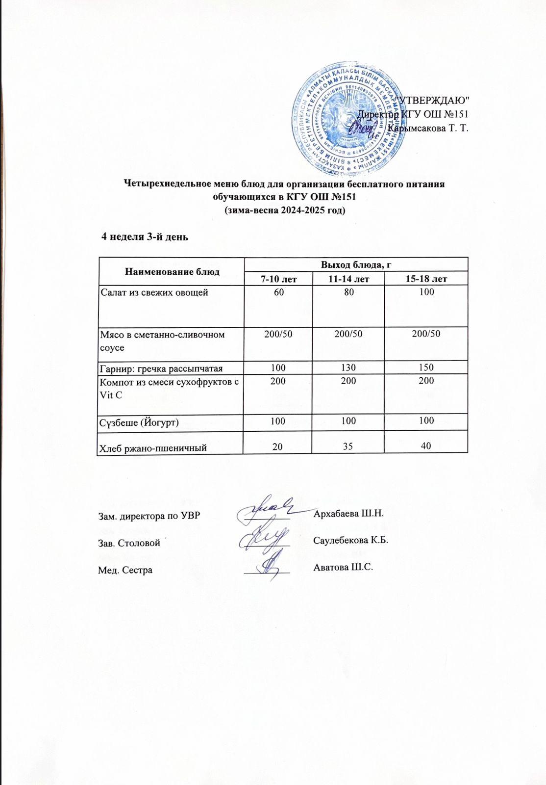 Төрт апталық ас мәзірінің 4-аптасының 3-күні (21.05.2025) ж.