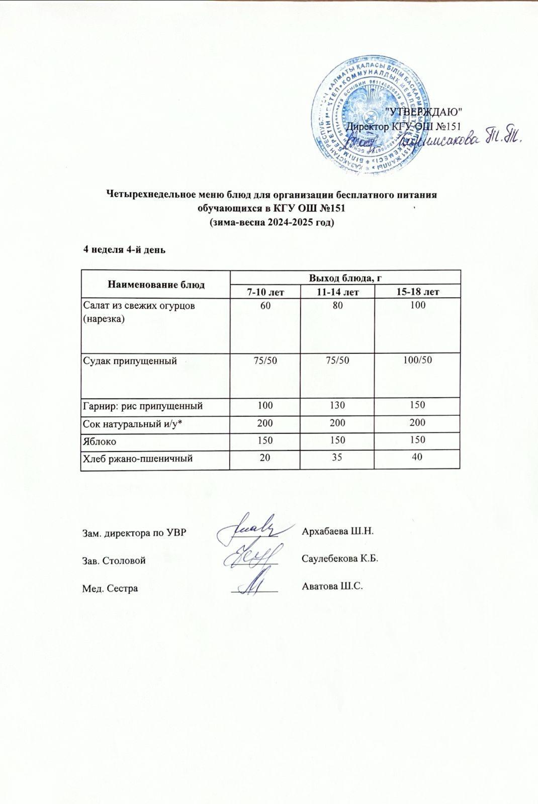 Төрт апталық ас мәзірінің 4-аптасының 4-күні (23.05.2025) ж.