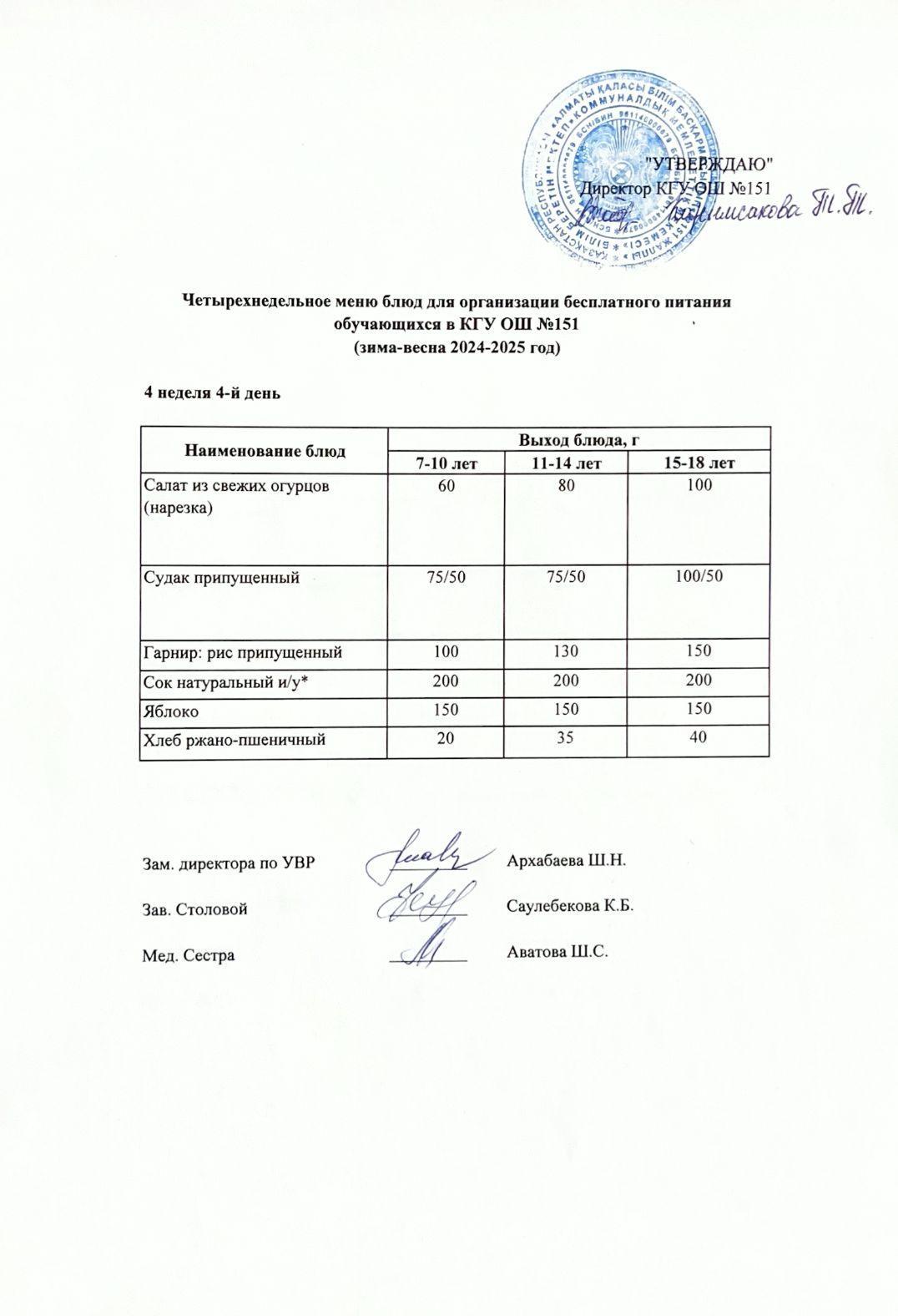 Төрт апталық ас мәзірінің 4-аптасының 5-күні (23.05.2025) ж.