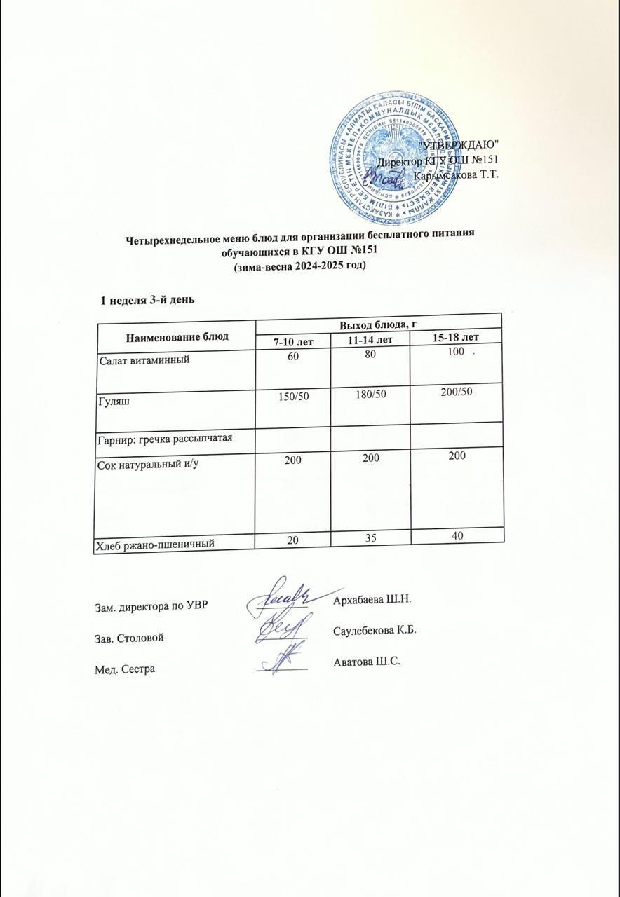 Төрт апталық ас мәзірінің 1-аптасының 3-күні (30.04.2025) ж.