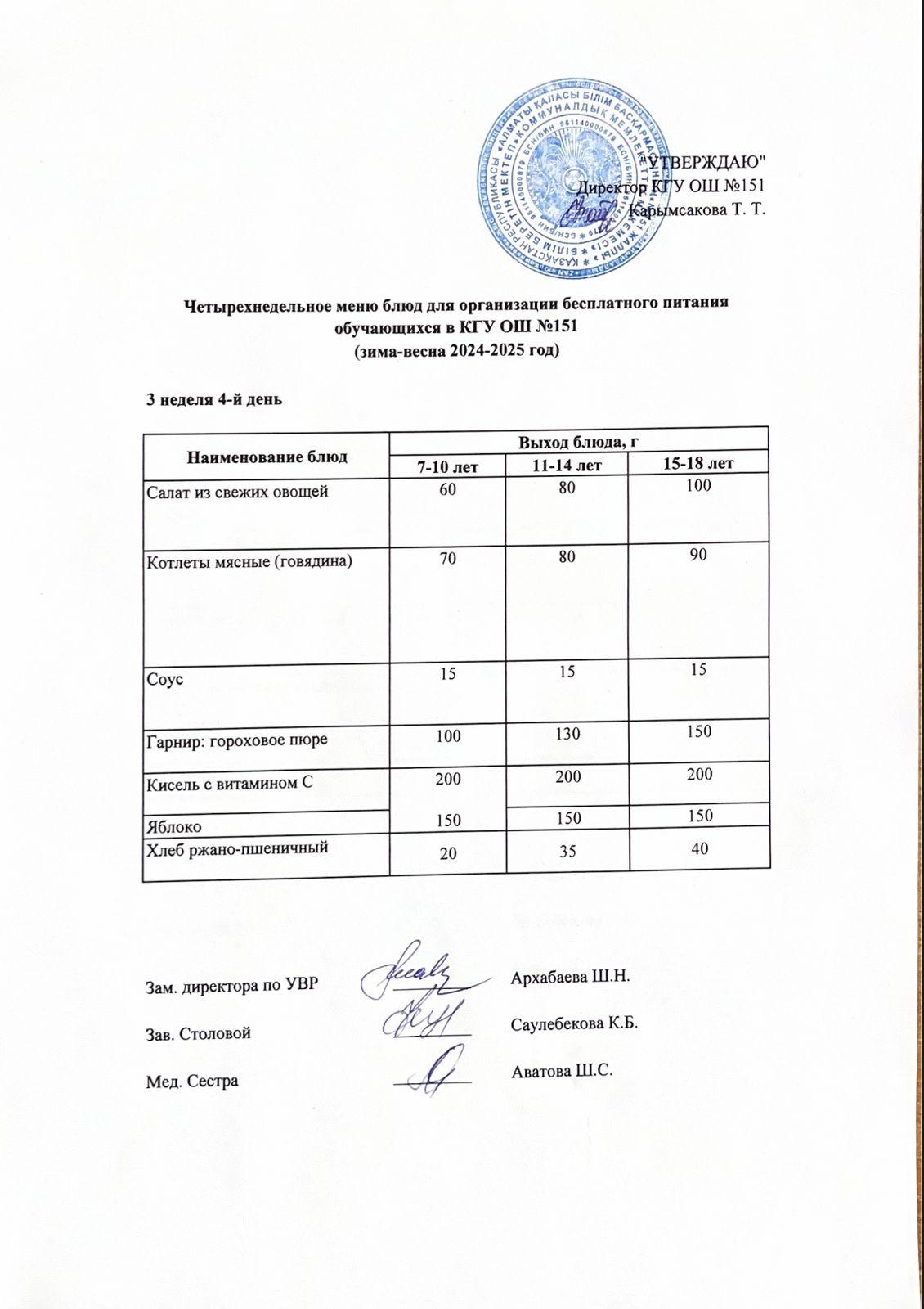 Төрт апталық ас мәзірінің 3-аптасының 4-күні (15.05.2025) ж.