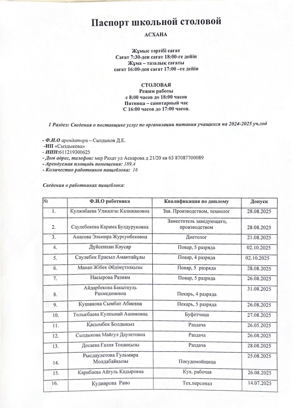 Мектеп ас блогының паспорты