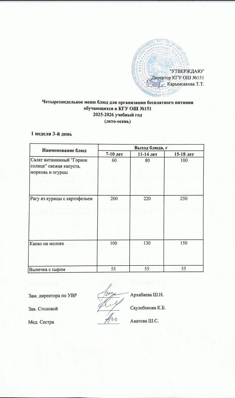 Төрт апталық ас мәзірінің 1-аптасының 4-күні (04.09.2025) ж