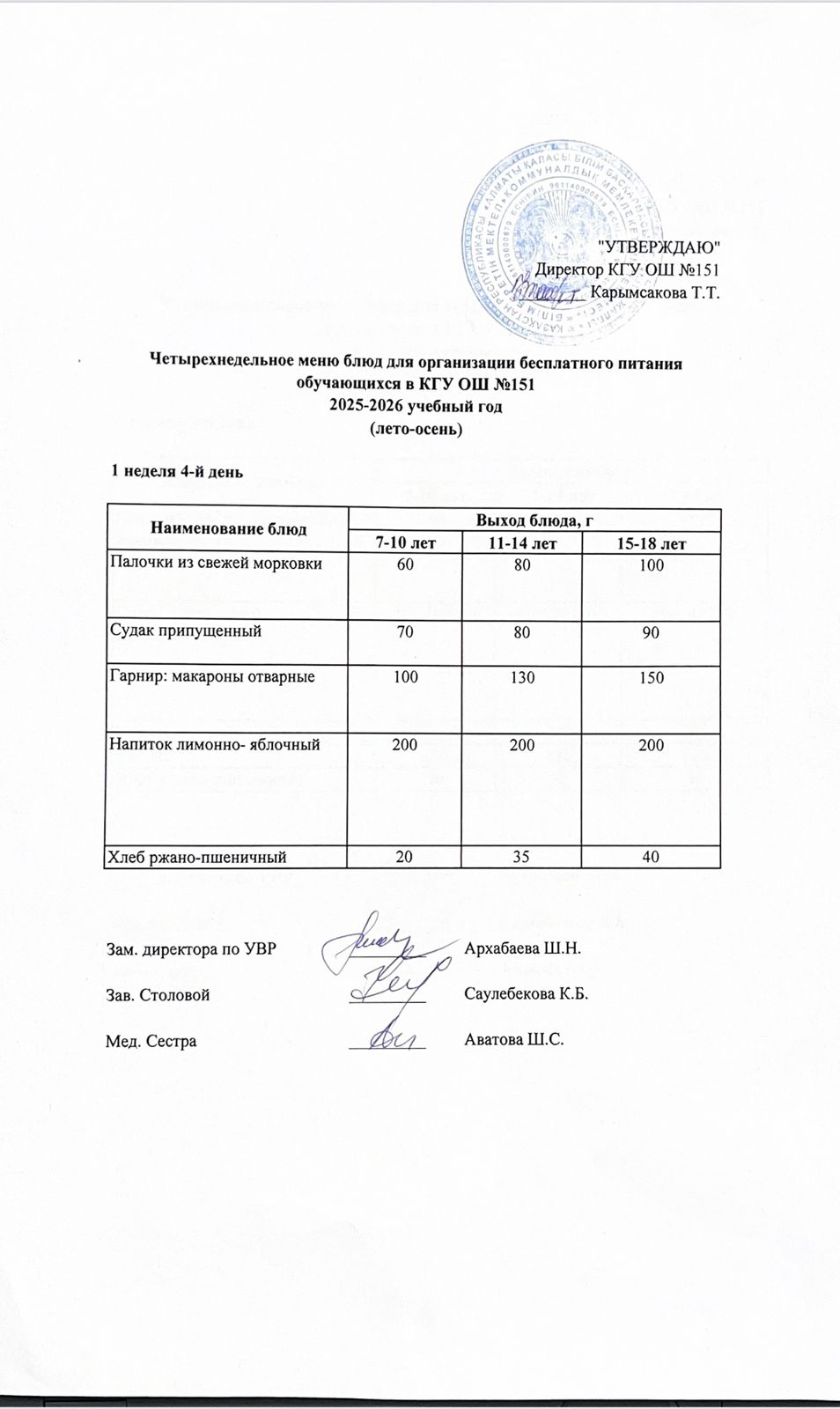 "Төрт апталық ас мәзірінің 1-аптасының 2-күні (30.09.2025) ж"