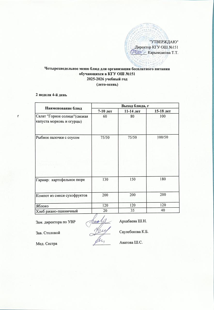 "Төрт апталық ас мәзірінің 2-аптасының 4-күні (09.10.2025) ж"