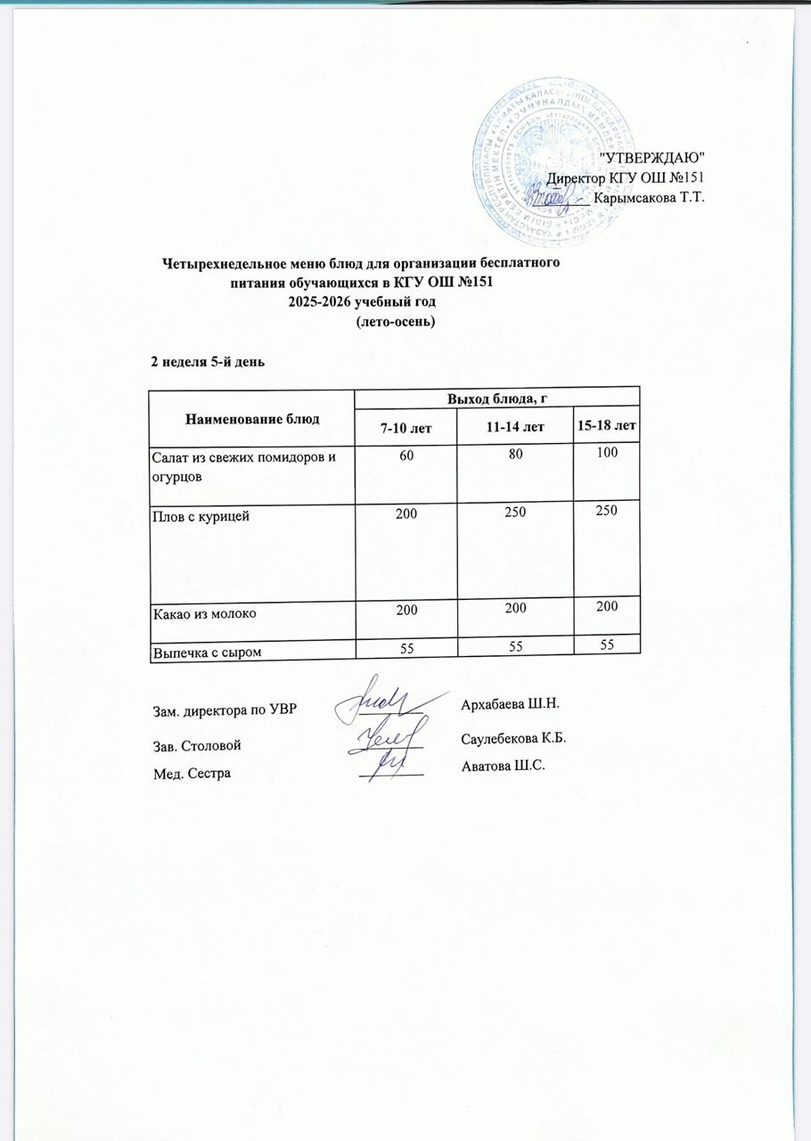 "Төрт апталық ас мәзірінің 2-аптасының 5-күні (14.11.2025) ж"