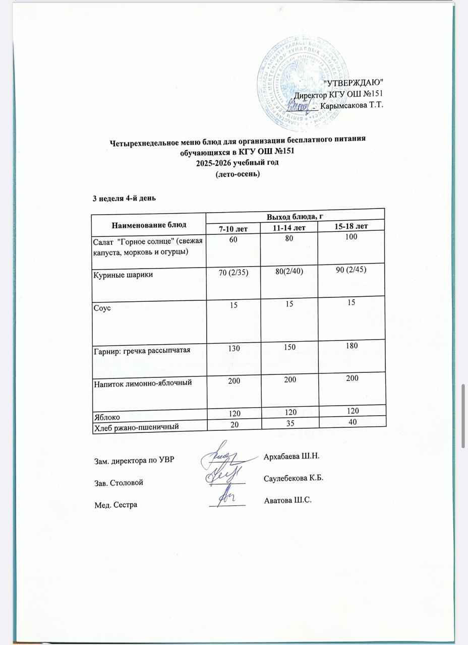 "Төрт апталық ас мәзірінің 3-аптасының 4-күні (20.11.2025) ж"