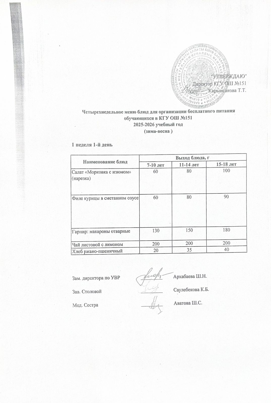 "Төрт апталық ас мәзірінің 1-аптасының 1-күні (01.12.2025) ж"