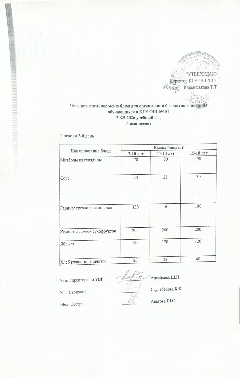 "Төрт апталық ас мәзірінің 1-аптасының 2-күні (02.12.2025) ж"