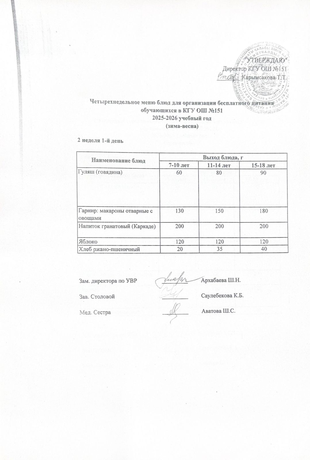 "Төрт апталық ас мәзірінің 2-аптасының 1-күні (08.12.2025) ж"